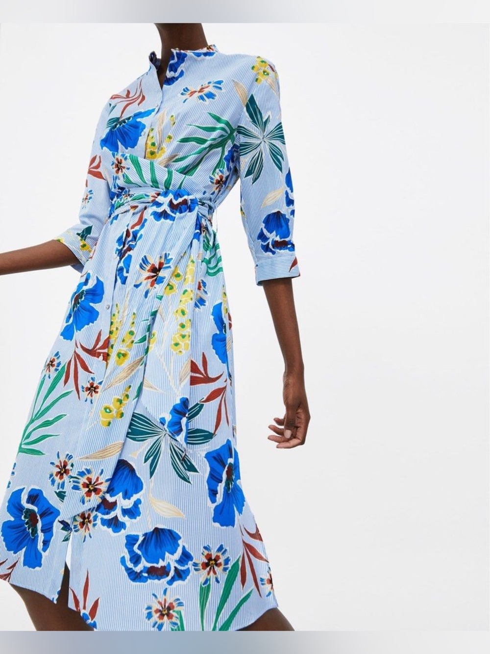 Floral Blue Tie-Waist Midi Dress